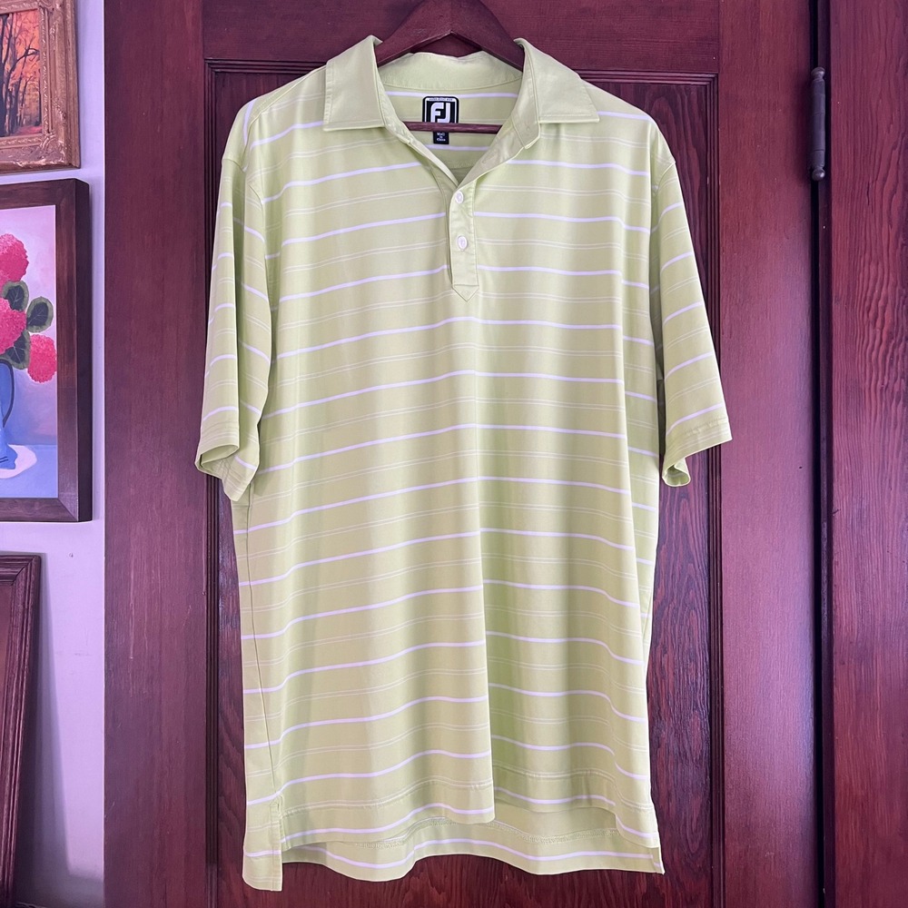 Footjoy FJ Athletic Fit Golf Polo Shirt Lime Green White Stripe Mens XL‎